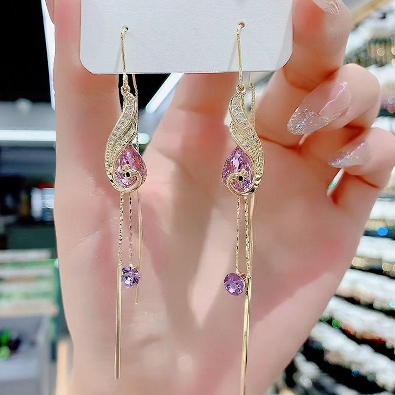 

New High-end Light Luxury Temperament Purple Peacock Long Tassel Face Slimming Fairy Earrings
