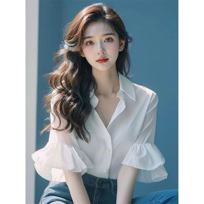 French High-end Sense Chic and Beautiful Top Light Luxury Half White Ruffled Sleeve Shirt Button Down Women's Summer Tshirts