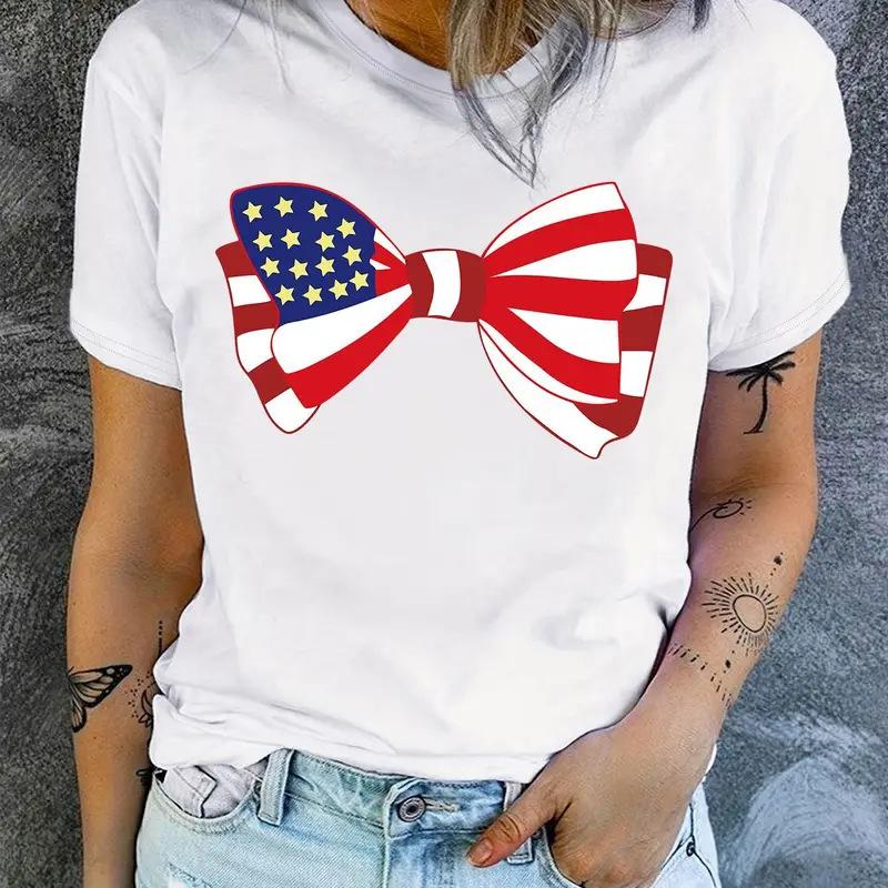 

Independence Day Bow Print T shirt Short TShirt Short Sleeve Crew Neck Casual Top for Summer And Spring S