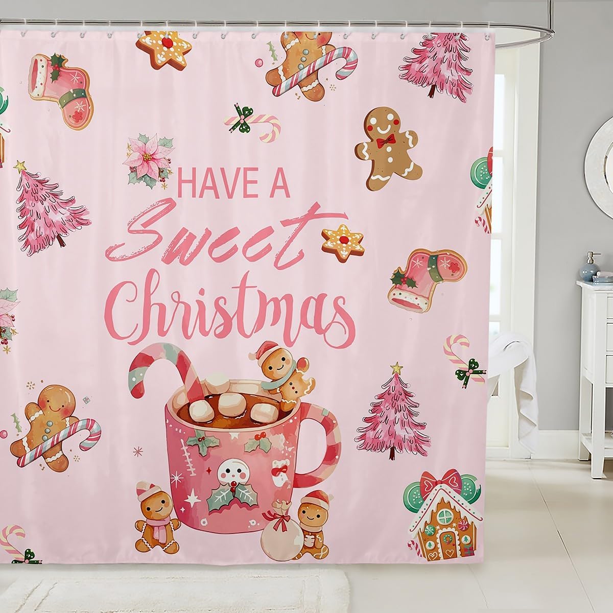 

Sweet Pink Christmas Gingerbread House Shower Curtain With Cute Gingerbread Man Pattern, Bathroom Decor For Xmas Holiday W60H190(CM)-1 Pcs