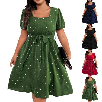 Abito a trapezio con scollo quadrato, elegante, retrò, a pois, da donna, taglie forti