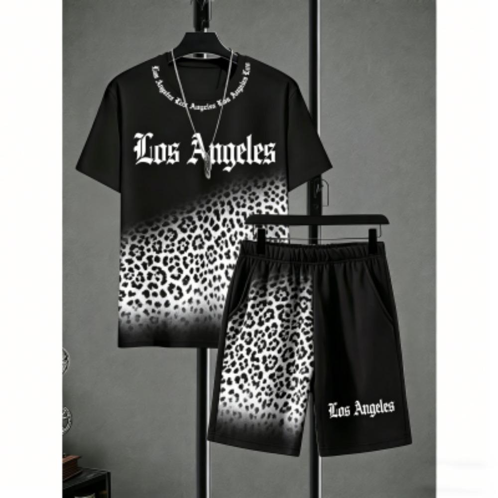 Fun Men's Set Leopard Colorful Printed Men's T-shirt and Shorts 2 Piece Set Summer Casual Outdoor Men's and Women's T-shirt Sets