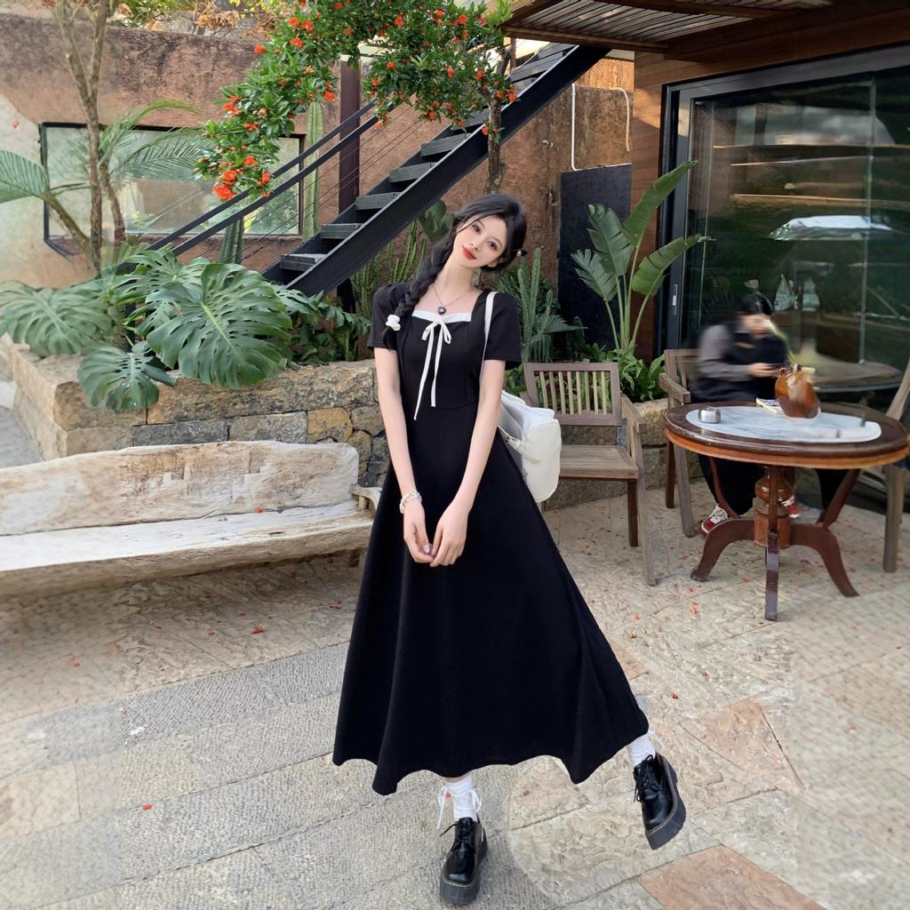 Large Size Women's Clothing French Front Shoulder Square Neck Short Sleeve White Dress Summer Thin Waist Cover Meat Age Reduction Long Skirt