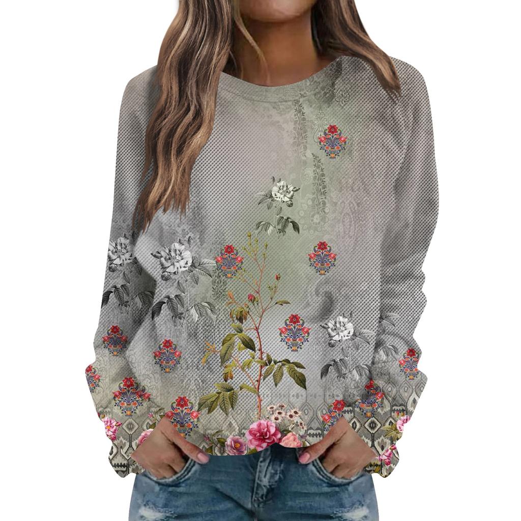 Damen Casual Fashion Blumendruck Langarm O-Ausschnitt Pullover Top Bluse