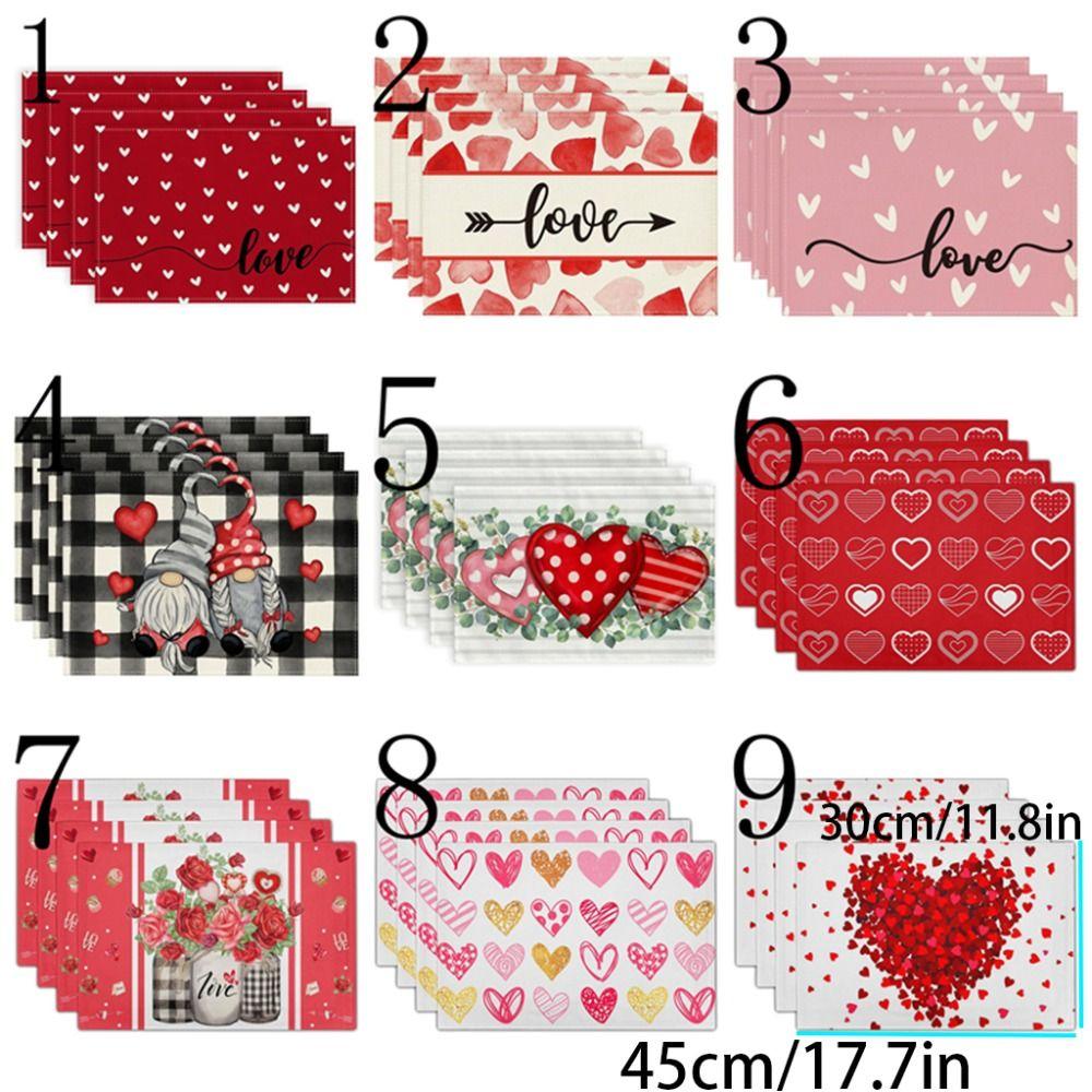 4Pcs 30x45cm Red Love Hearts Table Mats Linen Dining Table Mat Farmhouse Burlap Placemat Kitchen