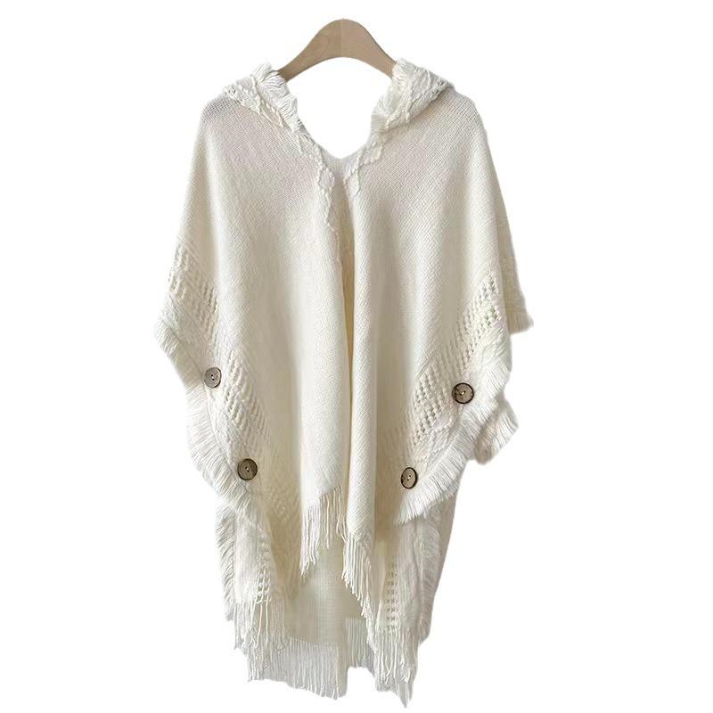 Cardigan da donna bohémien con cappuccio e nappe