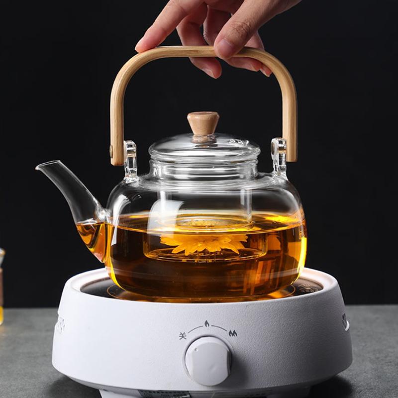Heat-Resistant Boiling Glass Teapot Thickened Bamboo Handle Household Tea Set Bamboo Handle Teapot Health Pot