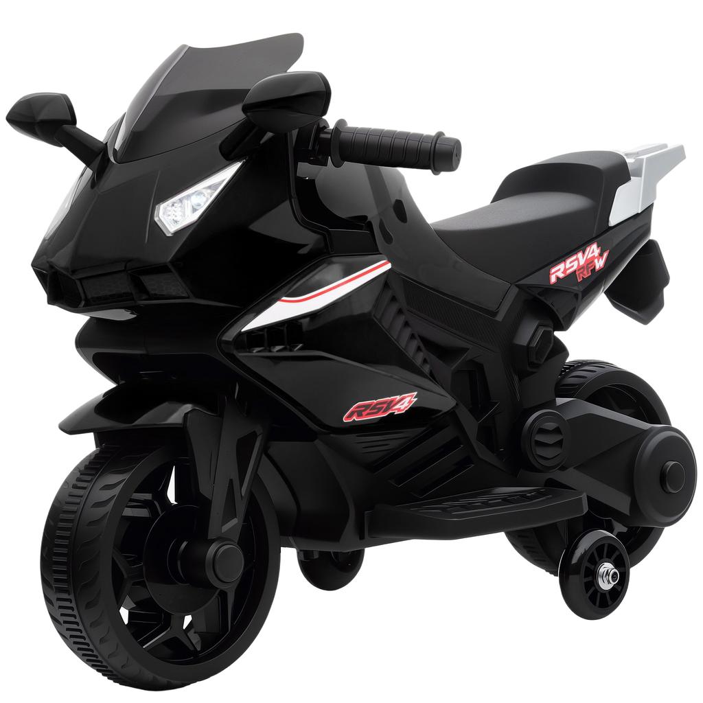 Children's Electric Motorcycle, 6V Battery-powered Motorcycle with Light and Sound Effects, Training Wheels, 75x36x49cm, Black