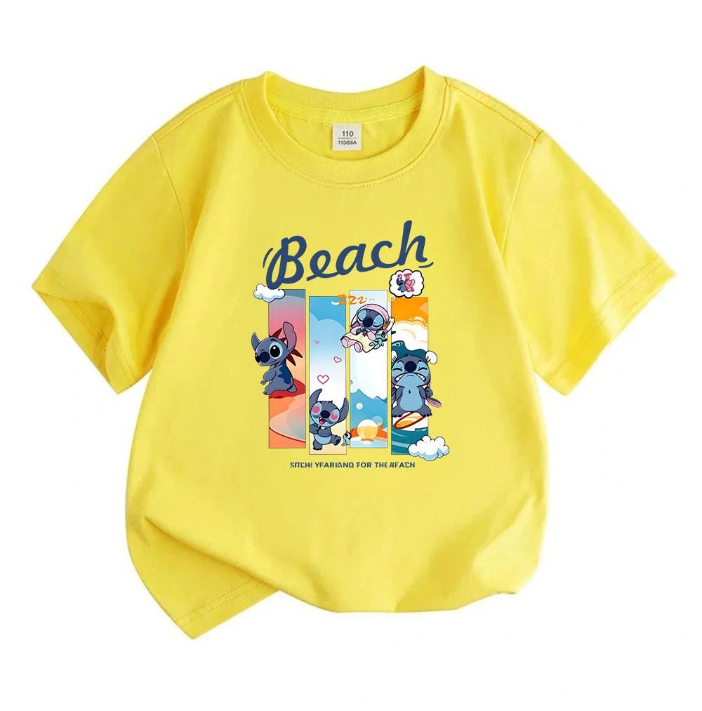 Kids Boys Girls Crew Neck Short Sleeve 100% Cotton T-Shirt, Cute Blue Alien Beach Surf Print Casual Soft Breathable Tee for Daily Summer Holiday Wear