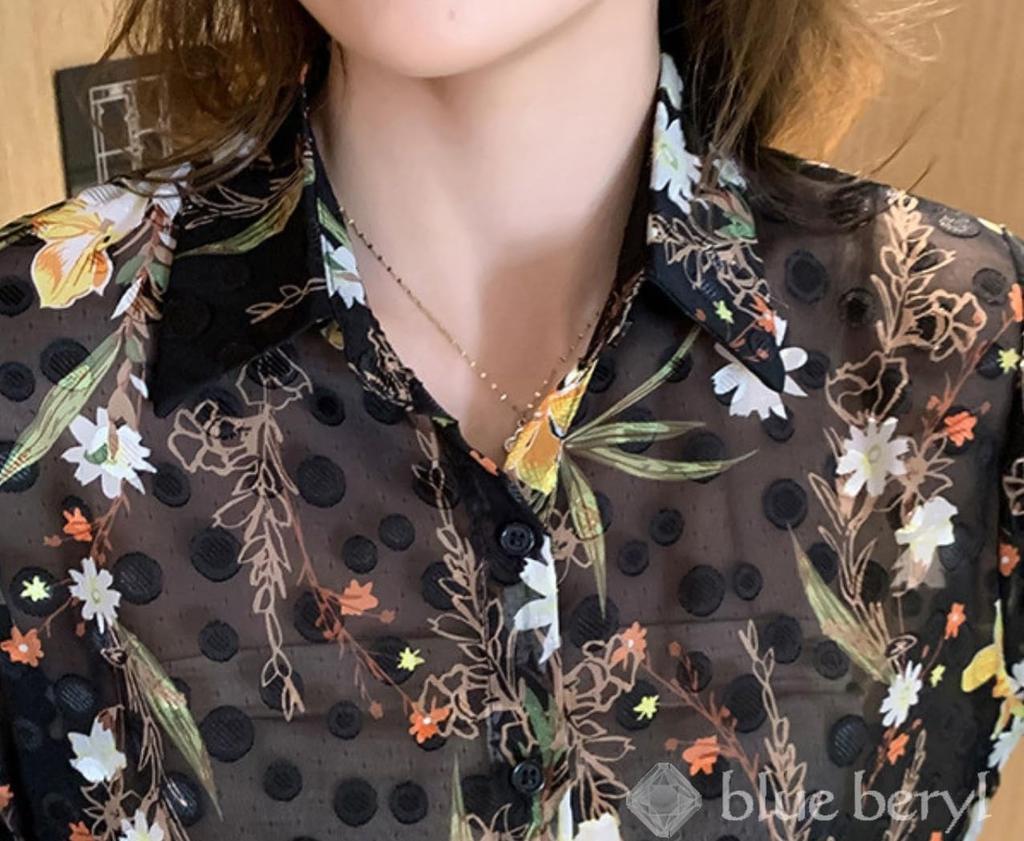 Bluse aus blauem Beryll-Chiffon mit Blumendruck und Tupfen, Puffärmel lang, Standard locker, Damenmuster, Ärmel, Ärmel, Durchsichtig, Farbe, Passform, BB068-BK-XL