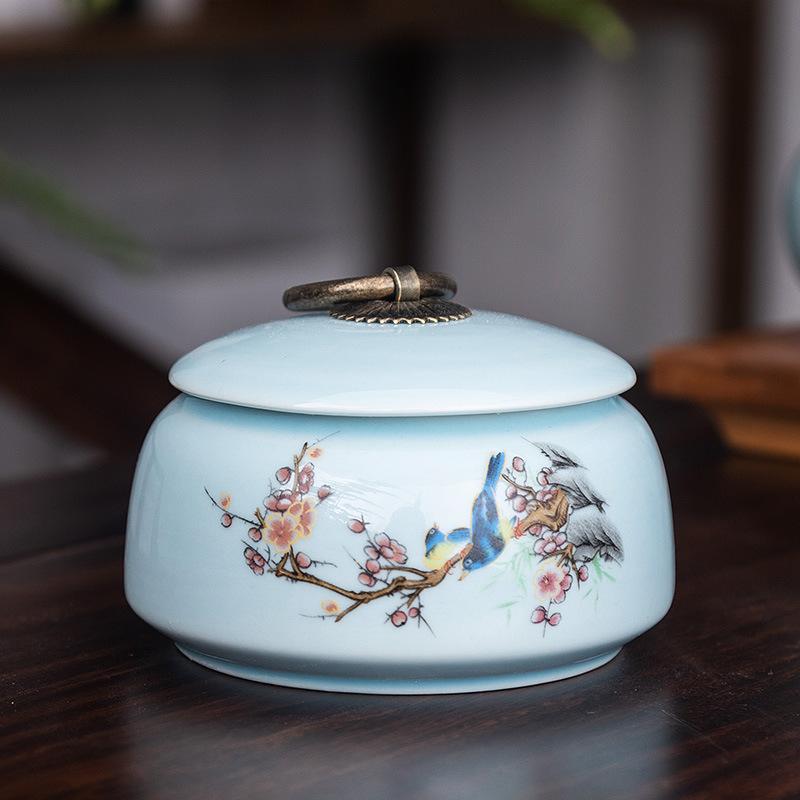 Creative Ceramic Landscape Flower Storage Jar with Lid Tea Jar Home Small Medicine Powder Candy Nut Jar Food Sealed Storage Jar