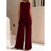 Women Solid 2 Piece Outfit, Round Neck Sleeveless Tank Top + Wide Leg Pants, Casual Matching Set