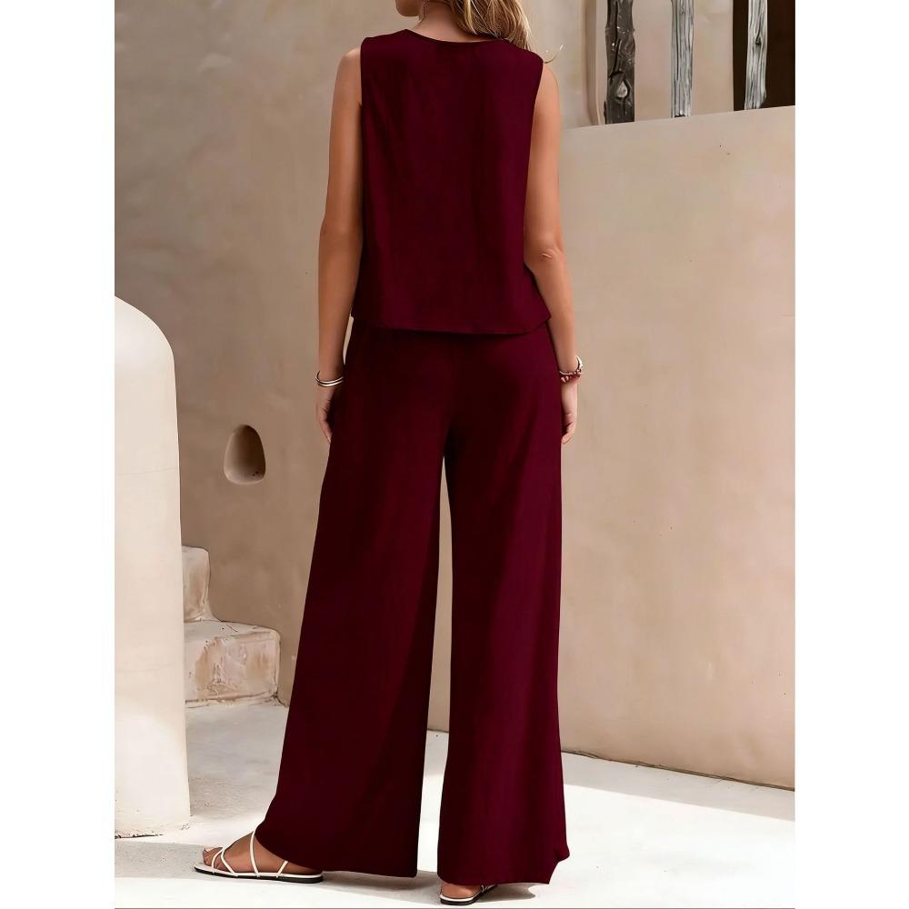 Women Solid 2 Piece Outfit, Round Neck Sleeveless Tank Top + Wide Leg Pants, Casual Matching Set