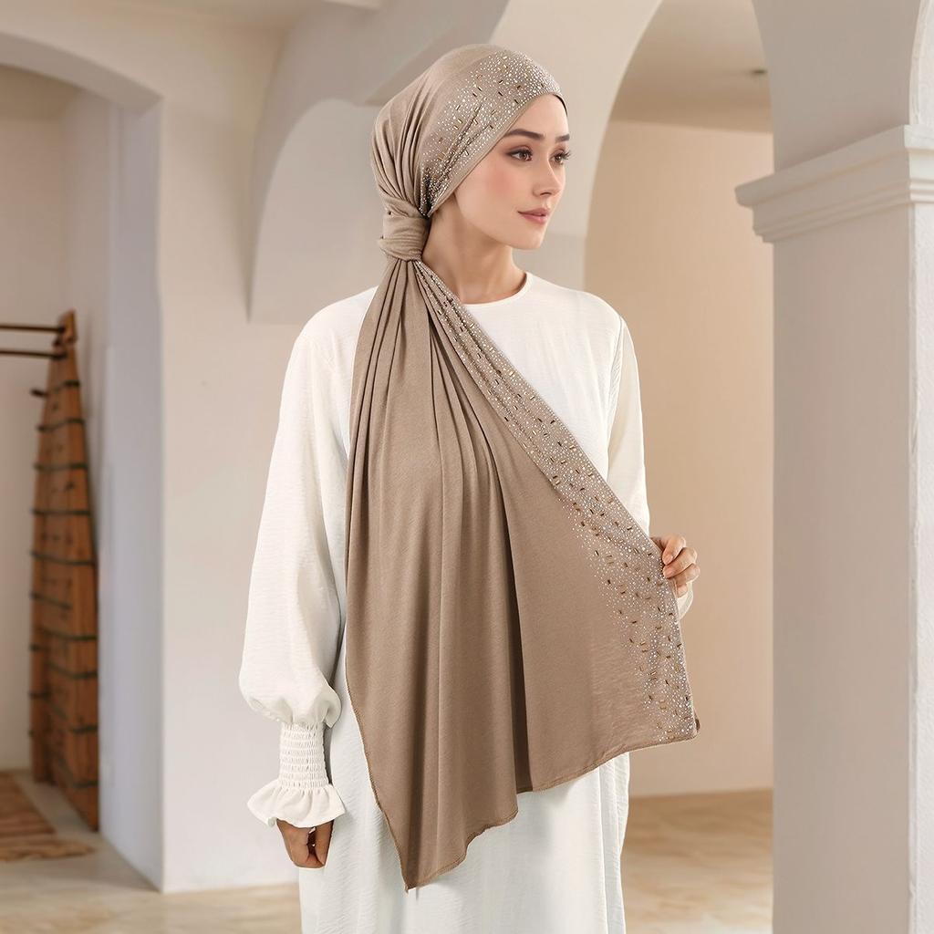 Luxury Rhinestone Hijab Scarf Women Muslim Long Scarves Light Weight Soft Turban Shawl Solid Headscarf Bandana Ramadan 170*60Cm