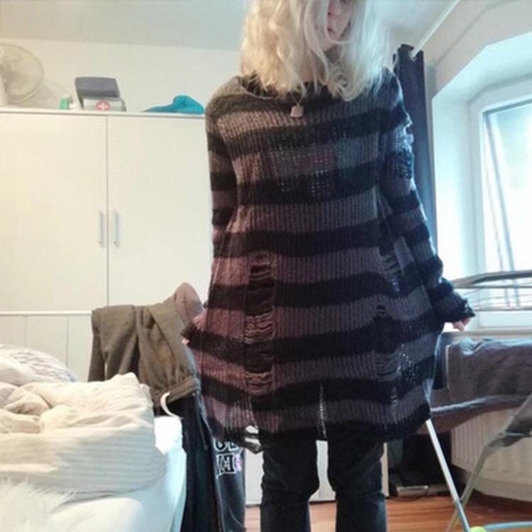 Unisex Women Cool Thin Loose Gothic Striped Long Jumper Dark Punk Streetwear Hollow Out Top Broken Hole