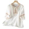 Oberteile für Damen Bestickte Literarische Retro-Hemden Pullover Dreiviertelärmel Locker Lässig Vielseitig Elegant Dünne Pullover