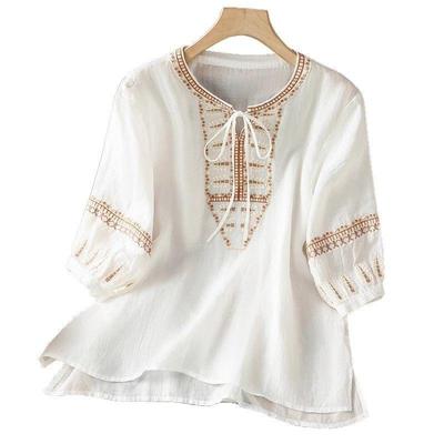 Tops for Women Embroidered Literary Retro Shirts Pullovers Three-quarter Sleeves Loose Casual Versatile Elegant Thin Pullovers