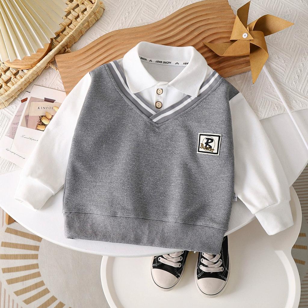 Boys' Lapel POLO Shirt Spring Autumn and Winter Sweaters British Style Fake Two-piece Middle-aged Children's All-match Fashion