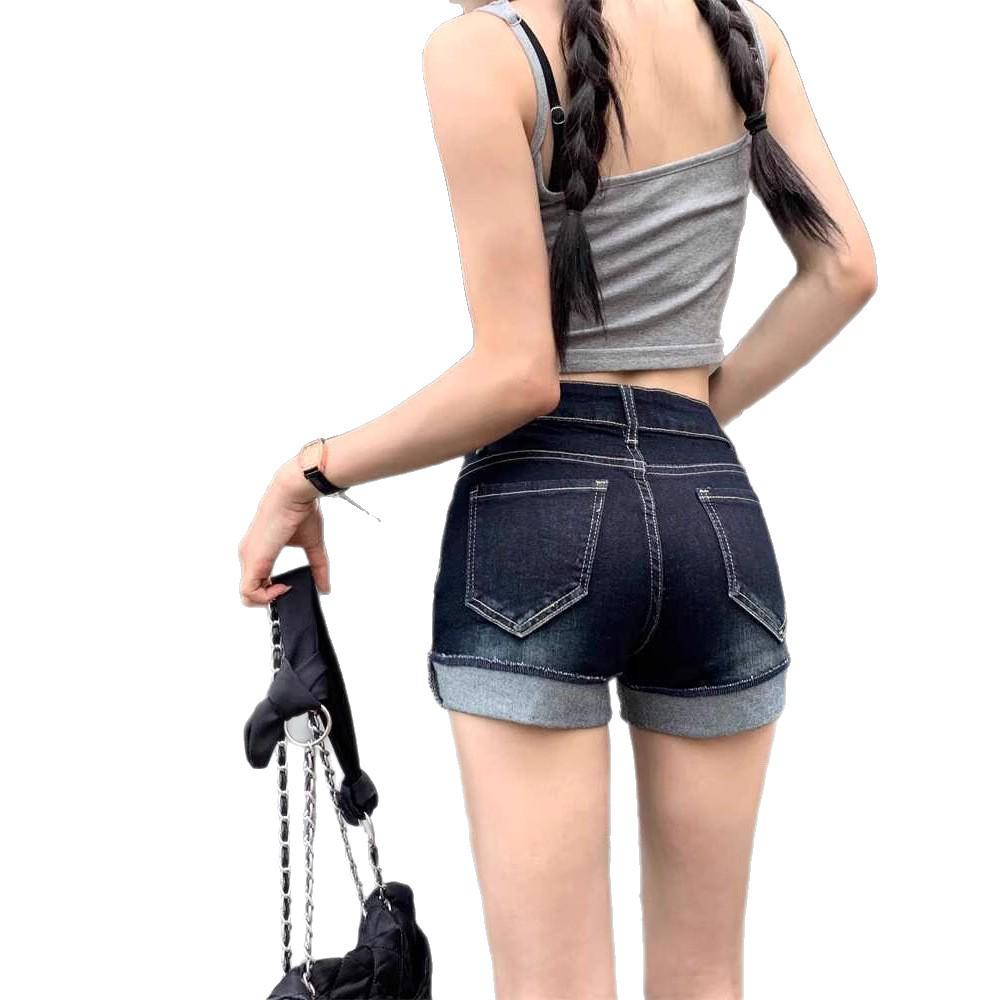 Women's High-Waist Dark Blue Denim Shorts - Sexy, Hip-Hugging A-Line with Rolled Edges for Summer