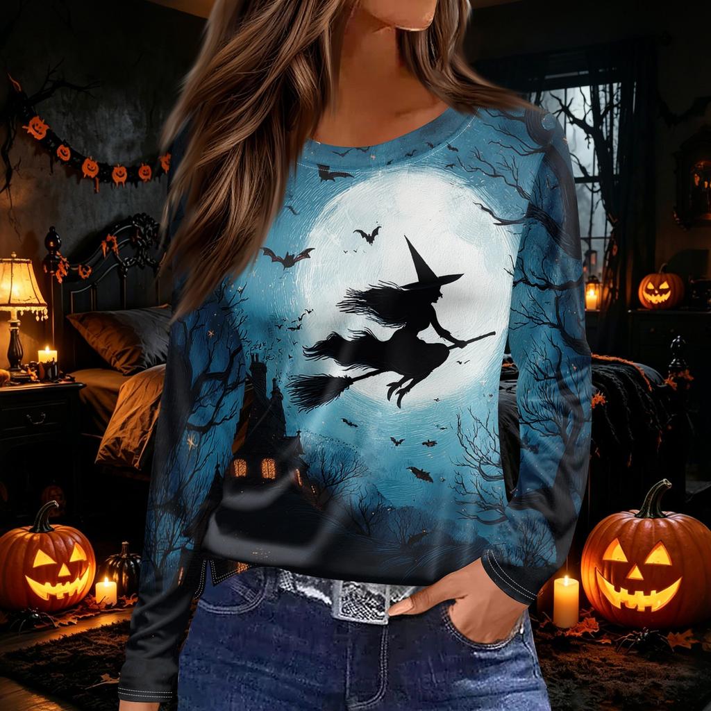 Women's Round Neck Long Sleeve Top with Halloween Print and Side Slit for Fall Festive Occasions
