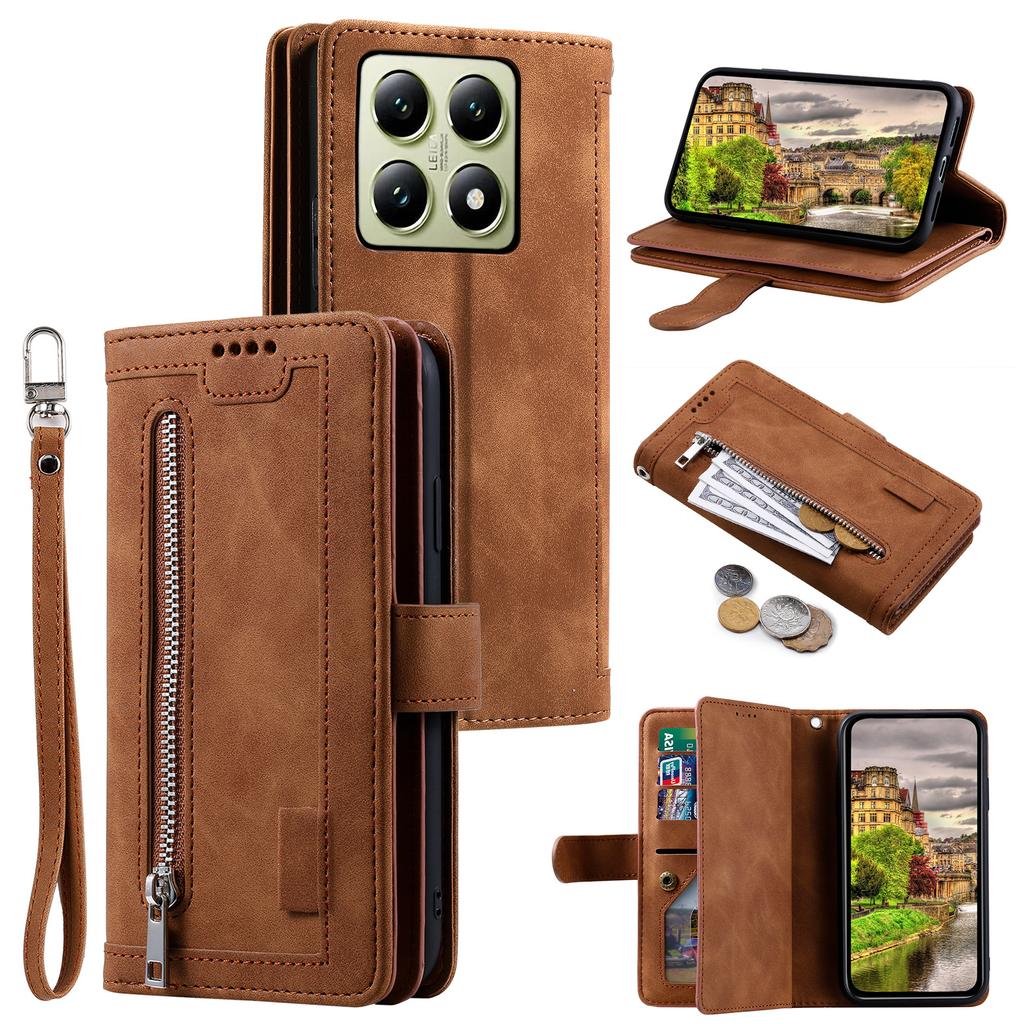 For Xiaomi 14T Phone Case Zipper Pocket 9 Card Slots PU Leather Flip Cover