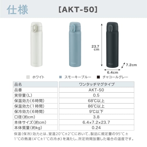 The-peacock Thermos Industry (The-peacock) Peacock Water Bottle, 500ml, Insulated, One-Touch Mug Bottle, Thermos, Smoky Blue, AKT-50 ASM