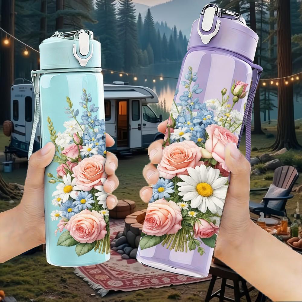 1PC Soft Mixed Pastel Bouquet 750ml Color Plastic Sports Water Bottle Leakproof Flip Straw Lid Suitable for Sports Office Home Use