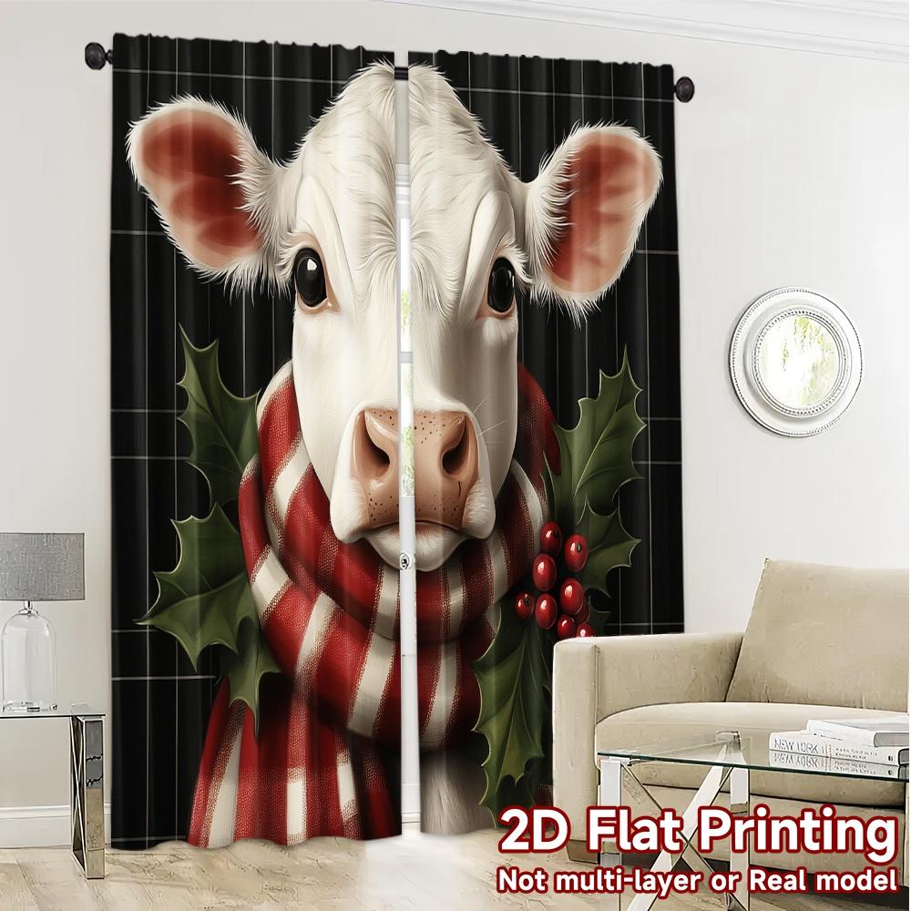 2pcs,Curtains Christmas Cow Holly Scarf Modern Modern Curtain 100% Polyester Curtains Decorations For Home Perfect for