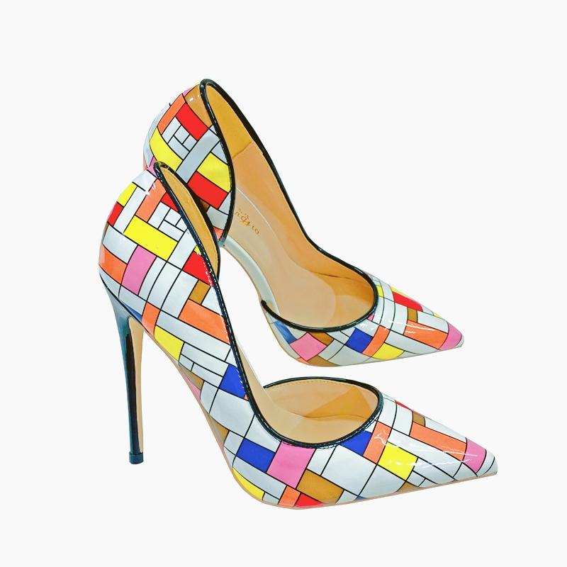 Women's Sexy 12cm Color Checkered High Heels, Patent Leather, Pointed Fashion Party Shoes, Dress Shoes, Thin Heels 10cm
