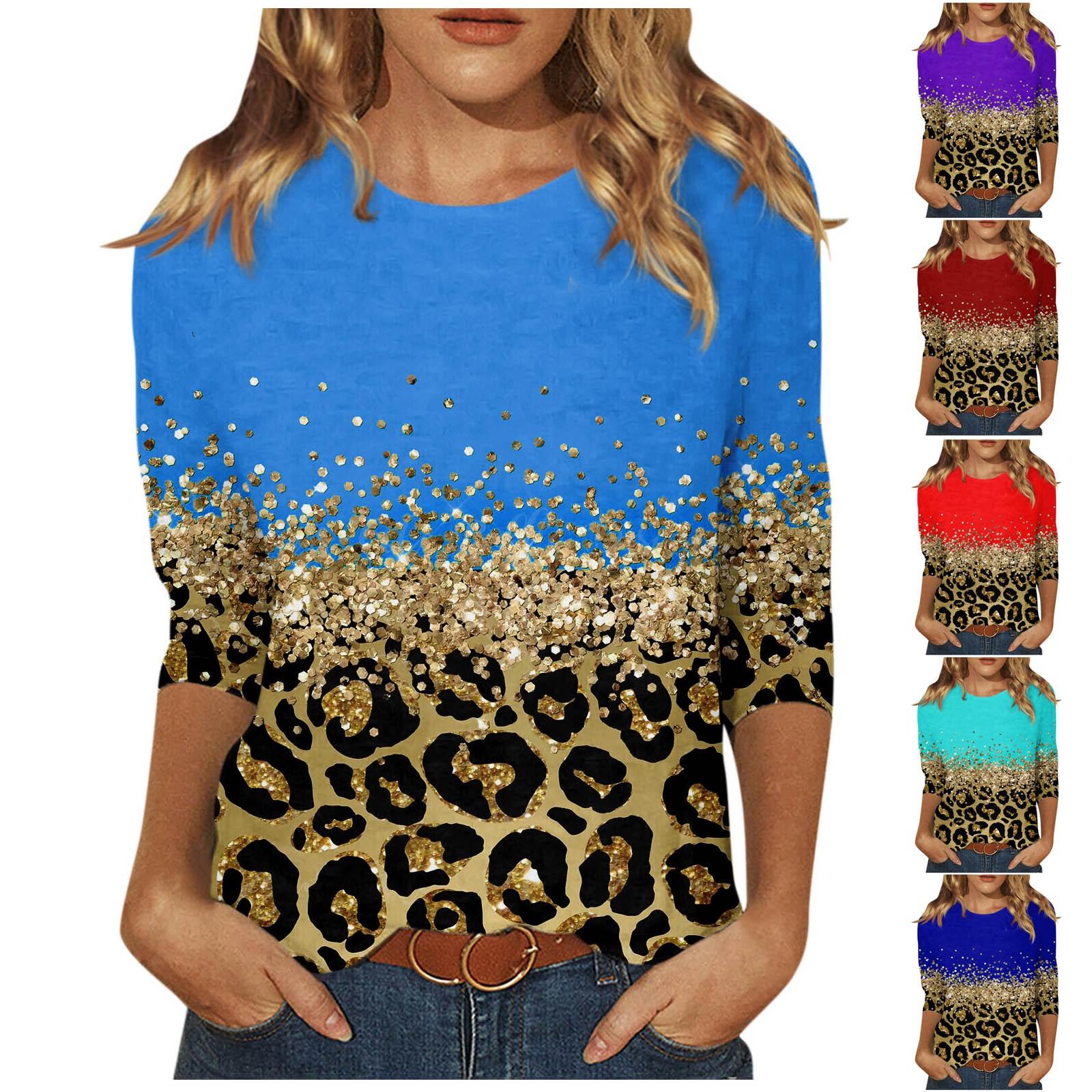 

Женская повседневная модная футболка с круглым вырезом и рукавом три четверти с леопардовым принтом Топ S синий