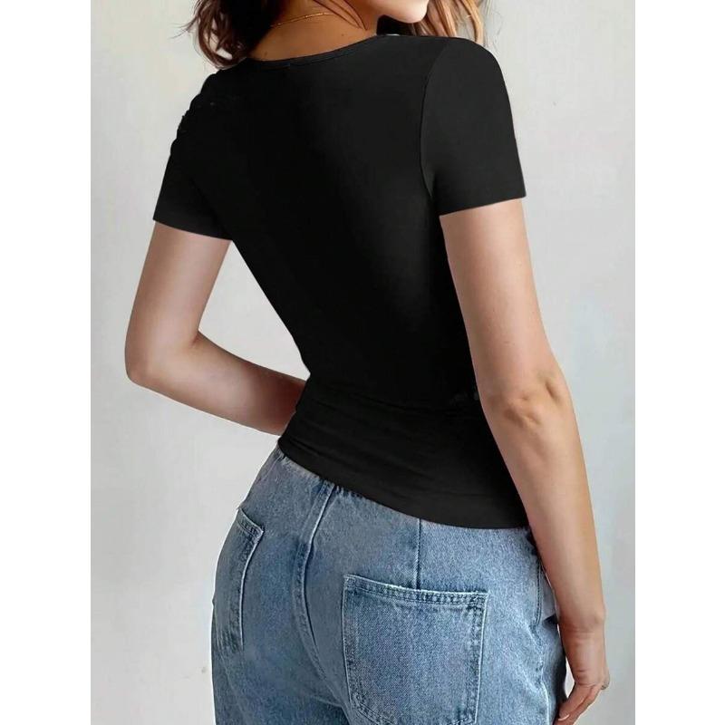 Women Cropped Slim Fit Solid Crew Neck Short Sleeve T Shirt