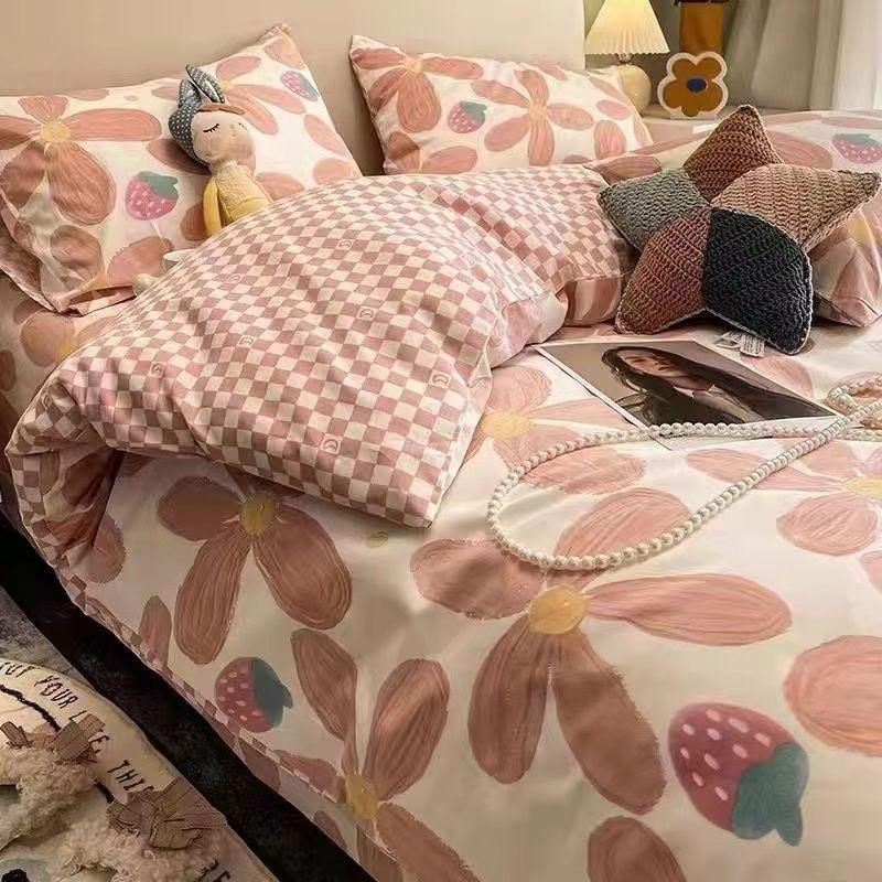 Washed Cotton Bed Four-piece Set Simple Bedding Quilt Cover Bed Sheet Dormitory Three-piece Set