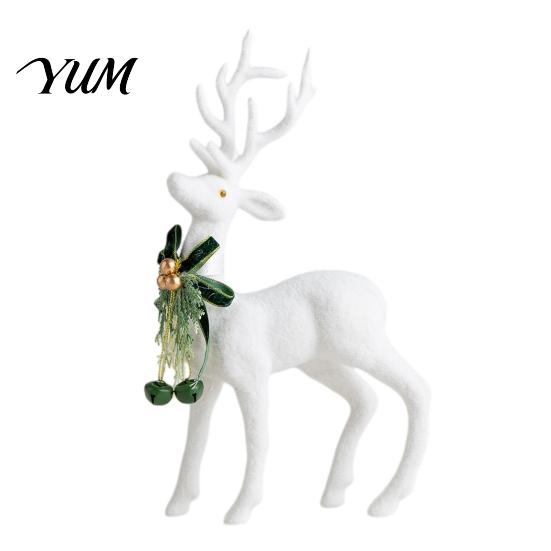 Holiday Gift Accessories with Bells White Flocked Elk Ornament, Ribbon Bell Decor 3D Standing Deer Winter Theme Table Centerpieces Figurine,