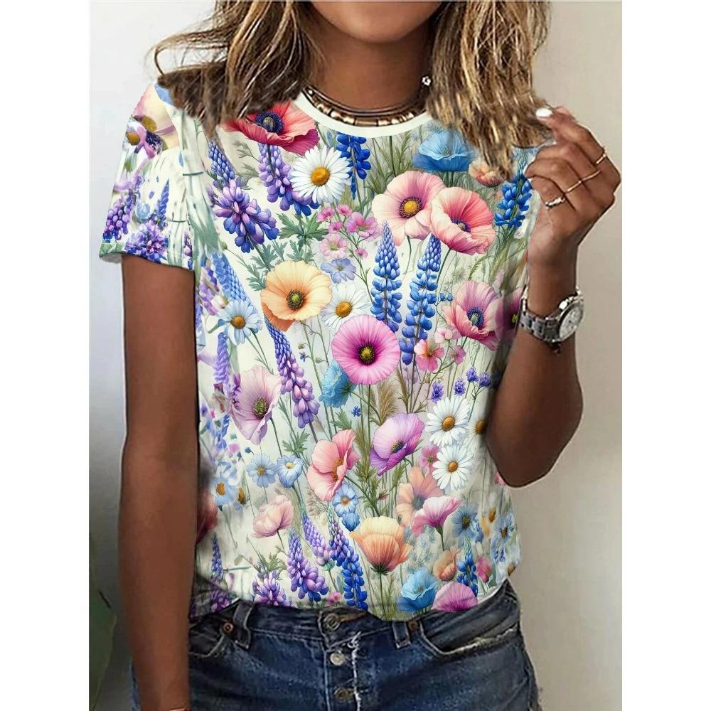 3D Printed Peach Blossom T-shirt for Women with Succulent Plant Pattern Short Sleeved Summer O-neck Loose T-shirt