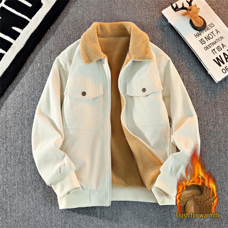 Men's Thick Corduroy Jacket with Fleece Lining - Long Sleeve Warm Cotton Outerwear
