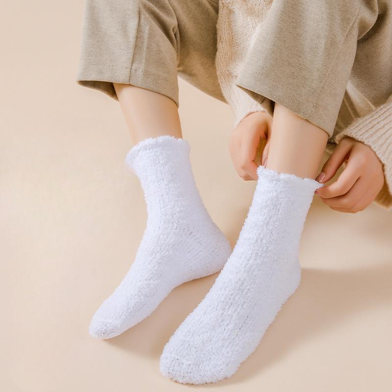 Female Autumn and Winter Pure Color Add Velvet and Thick Warm Floor Sleep In The Tube Socks