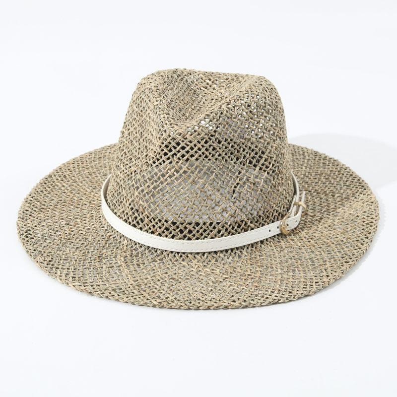Cappello da Sole Estivo in Erba Marina Intrecciata, Punta con Cinturino in Pelle, Moda Europea Americana Nuova Esportazione