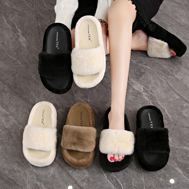 Thick-soled outer wear fluffy slippers women's autumn new one-word home plush slippers open-toed cotton slippers