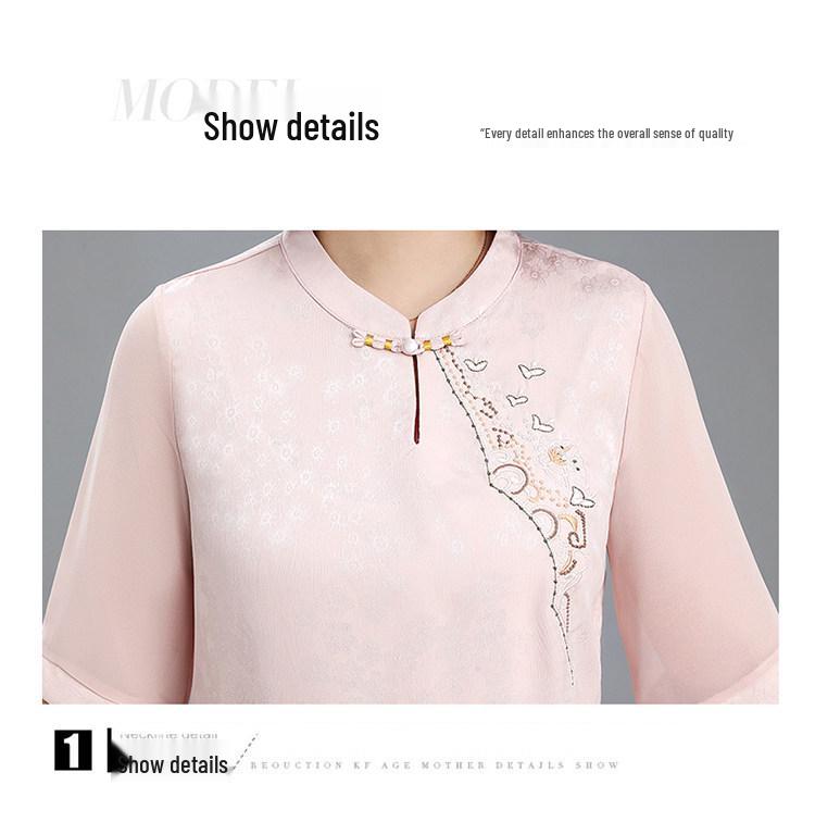 Spring & Summer Chinese Style Embroidered Chiffon Blouse for 50-Year-Old Women with Seven-Point Sleeves