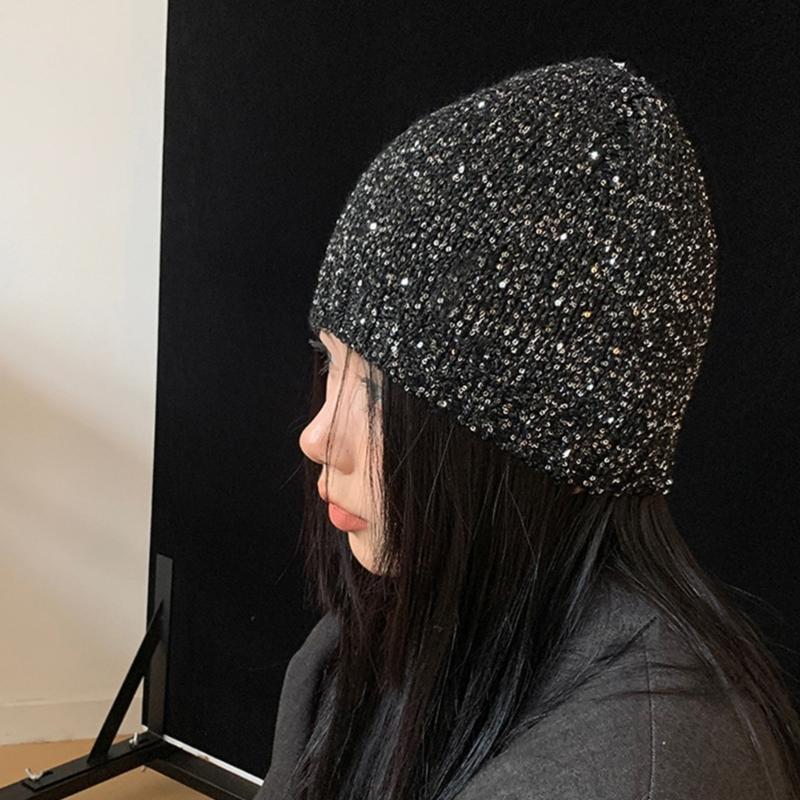Cool Black Sequins Party Hat Breathable Skull Hat Party Bonnet Knit Hat