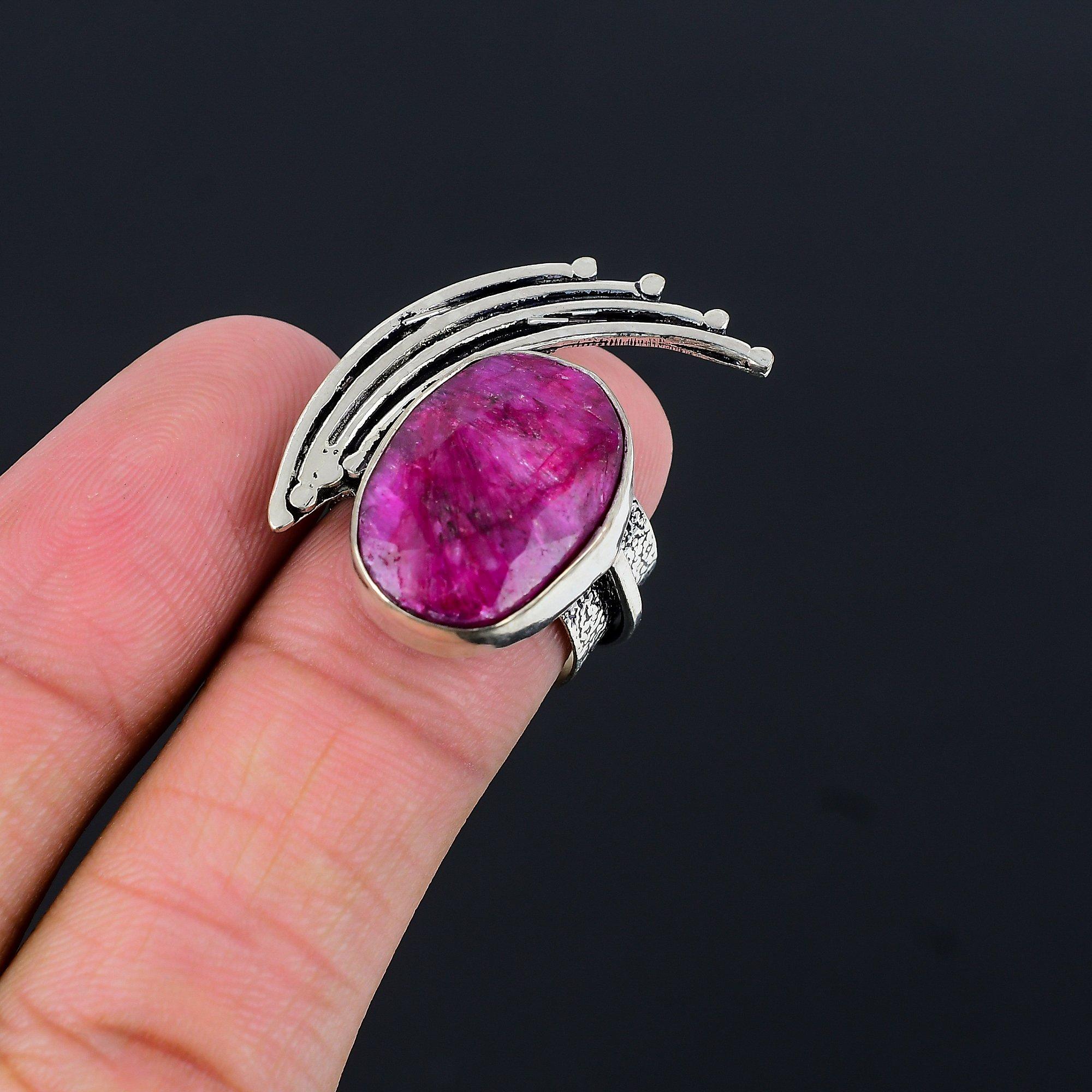 

925 Silver Oval Root Chakra Natural Kashmir Ruby Handmade Promise Wife Ring US 8 8