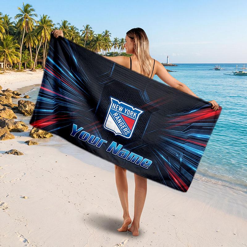 New York Rangers Customized Name Text Beach Towel, Soft Absorbent Towel Beach Pool Travel Personal Gift