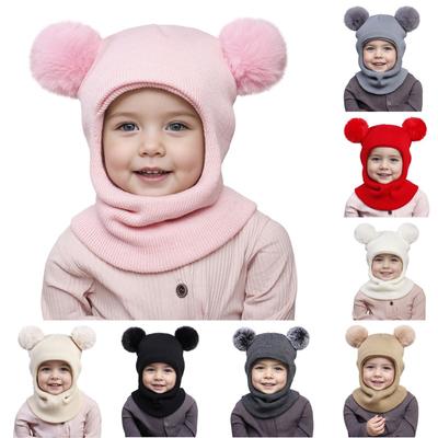 Kids Baby Winter Warm Hat Hooded Scarf Earflap Knitted Cute Fur Ball Cap Kids Girls Boys