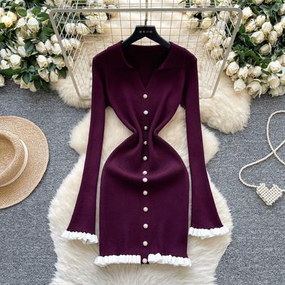 Printemps Automne Femmes Col Rabattu Manches Longues Pull Tricoté Mini Robes Fourreau Courtes