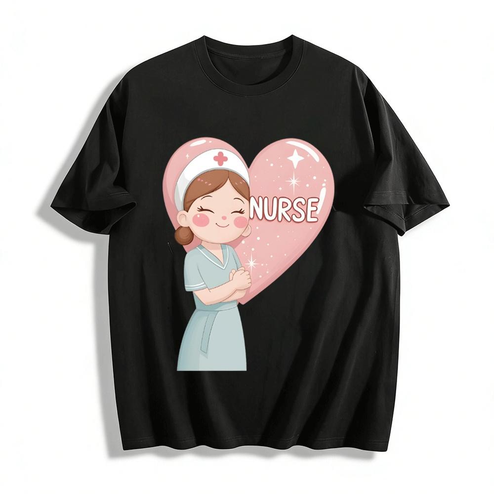 

Warm Healing Nurse Love Print Casual Comfort Daily Top Pure cotton T-shirt XXS
