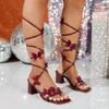 Fashion Sexy Ladies Wine Red Ankle Strap Sandals Summer 2025 3D Crystal Mesh Butterfly High Heels Shoes Woman Plus Size Party Sandalias