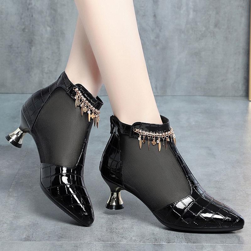 

5cm Elegant Fashion Breathable Mesh Leather Boots Summer Shoes 2025 Trend Med Kitten Heels Short Ankle Boots Sandals Office Mom 35