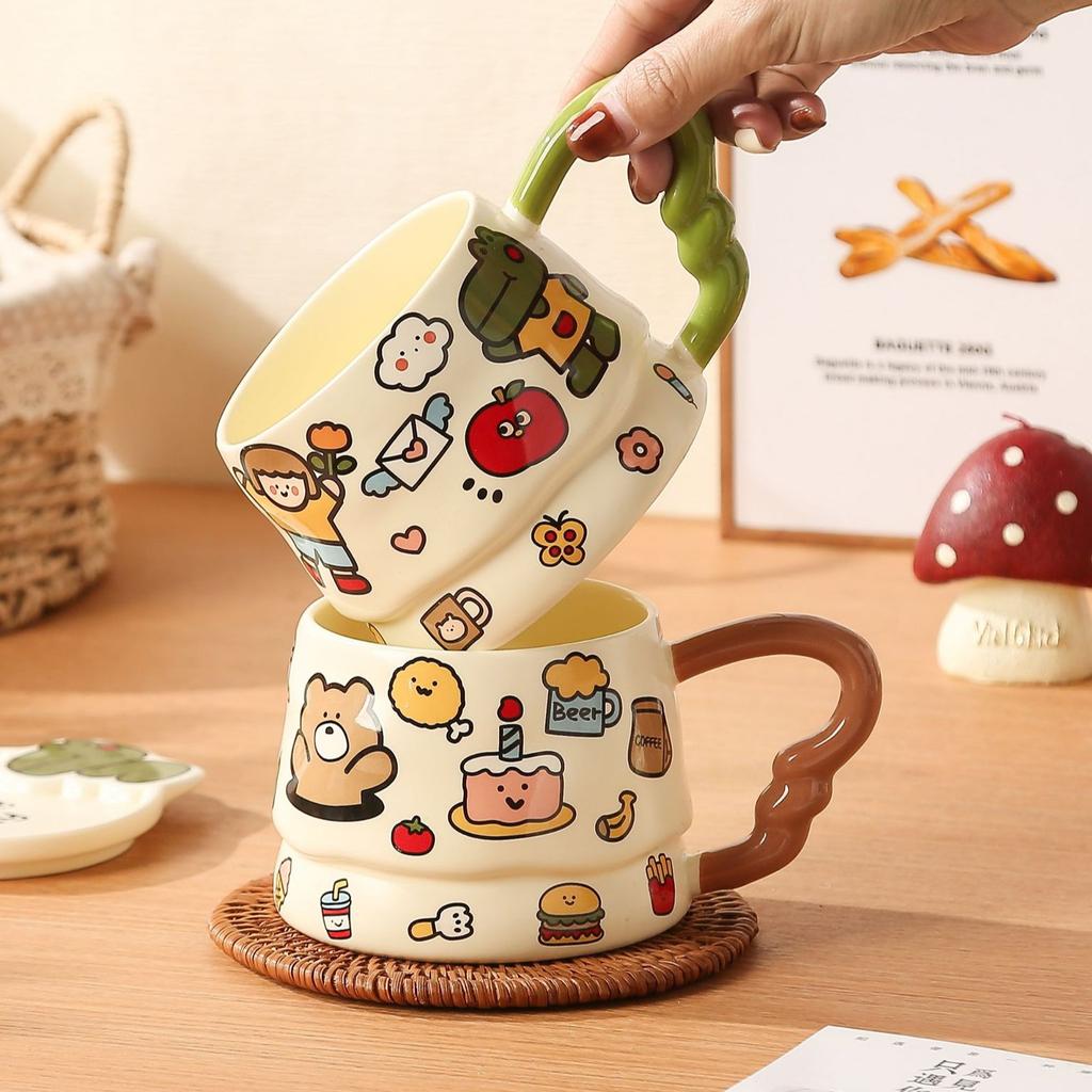 Cartoon Doodle Mug High-looking Animal Mug with Lid for Girls Birthday Gift Couple Water Cup for Girlfriend