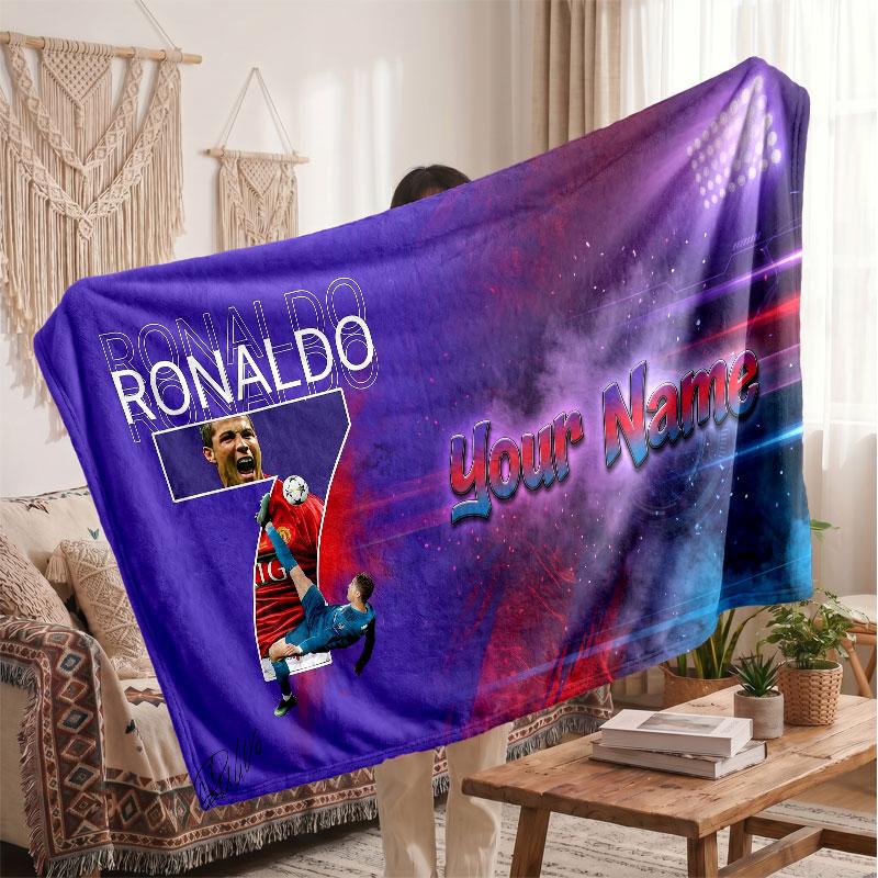 Coperta Personalizzata in Pile Cristiano Ronaldo con Logo Calcio, Testo Nome Personalizzato Morbida Calda Coperta da Divano per la Casa