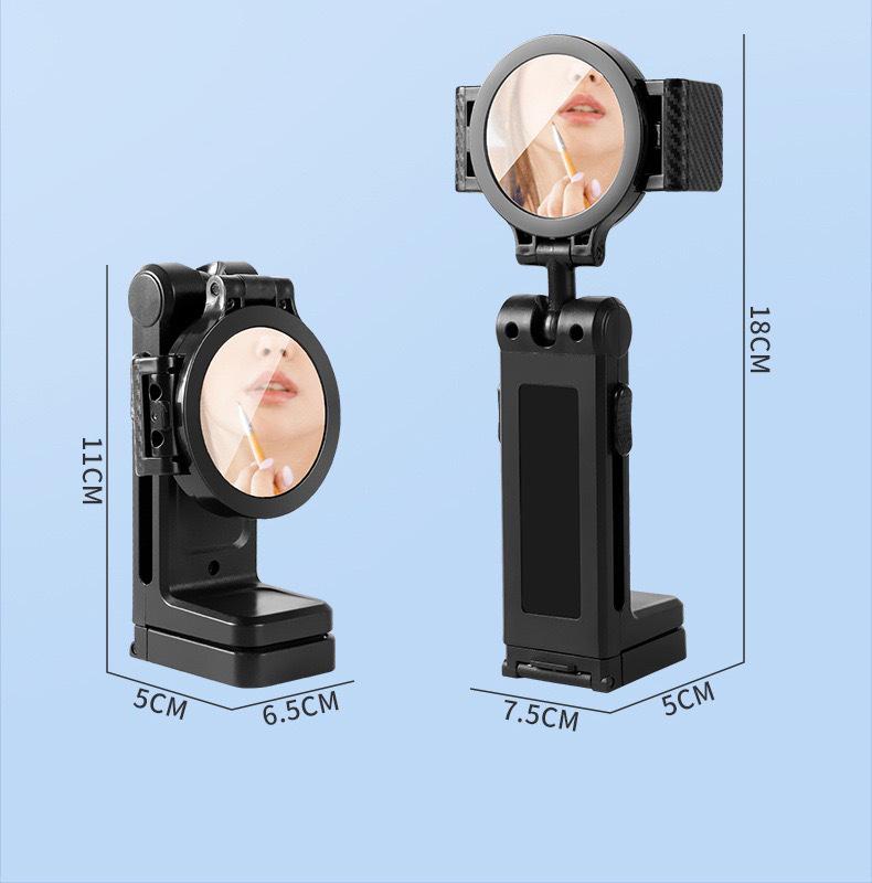 Portable Foldable Adjustable Phone Holder with Rotatable Clip and Beauty Mirror for Travel